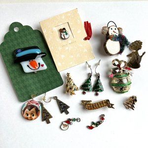 Christmas Holiday Pins Earrings Trees Santa Snowman